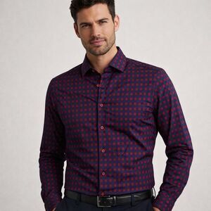 BESPOKE Men's Medium Geometric Print Burgundy Red Navy Dress Shirt Long Sleeve